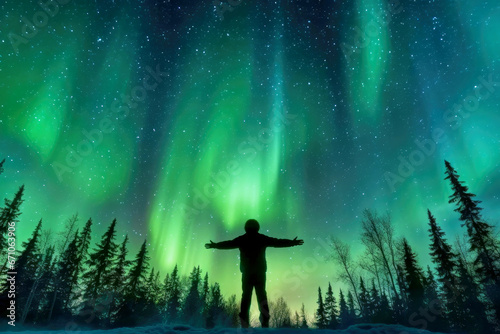 Traveler person enjoys magnificent northern lights