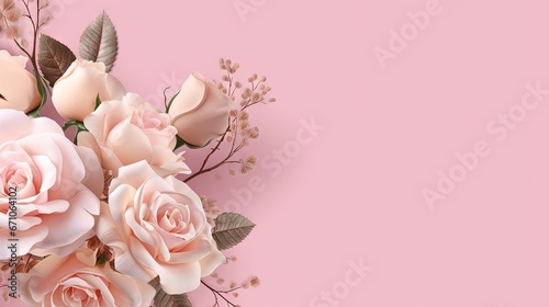 Photo a bouquet of pink roses on a pink background with leaves