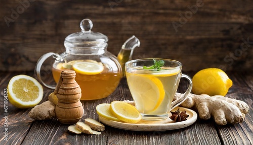Ginger tea with lemon and honey on a wooden table