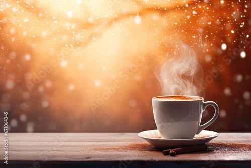 Hot Coffee Cup With Beans And Smoke On Wooden Table Background. Winter Backdrop. Bokeh Light. Christmas. Decoration. Wallpaper