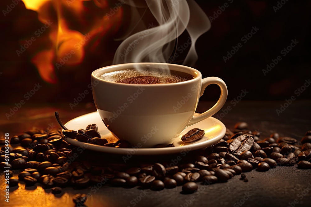 Hot Coffee Cup With Beans And Smoke On Wooden Table Background Hot Coffee Cup With Beans And Smoke On Wooden Table Background