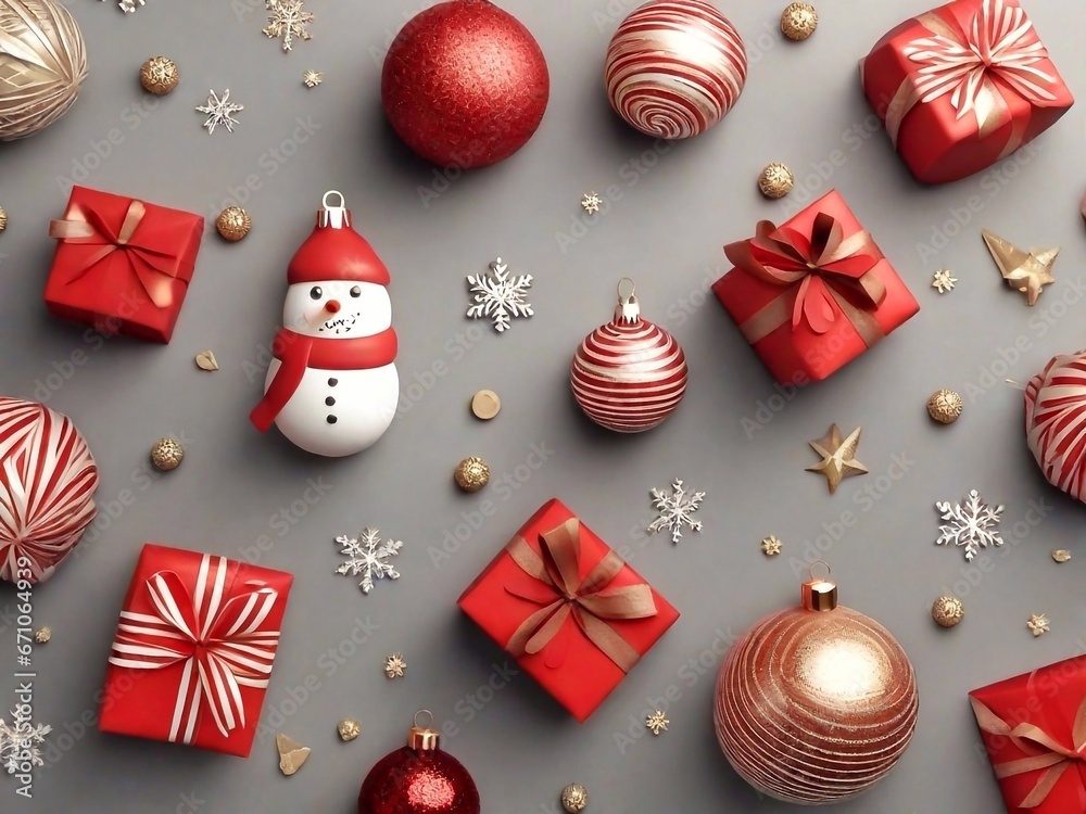 Christmas ornaments and gifts on gray background. Top view. Christmas ornaments and gifts on gray background. Top view.