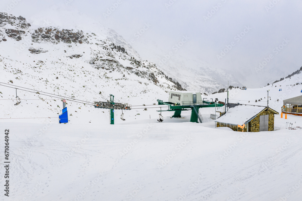 Winter snow landscape mountain view of ski resort in Andorra, Europe