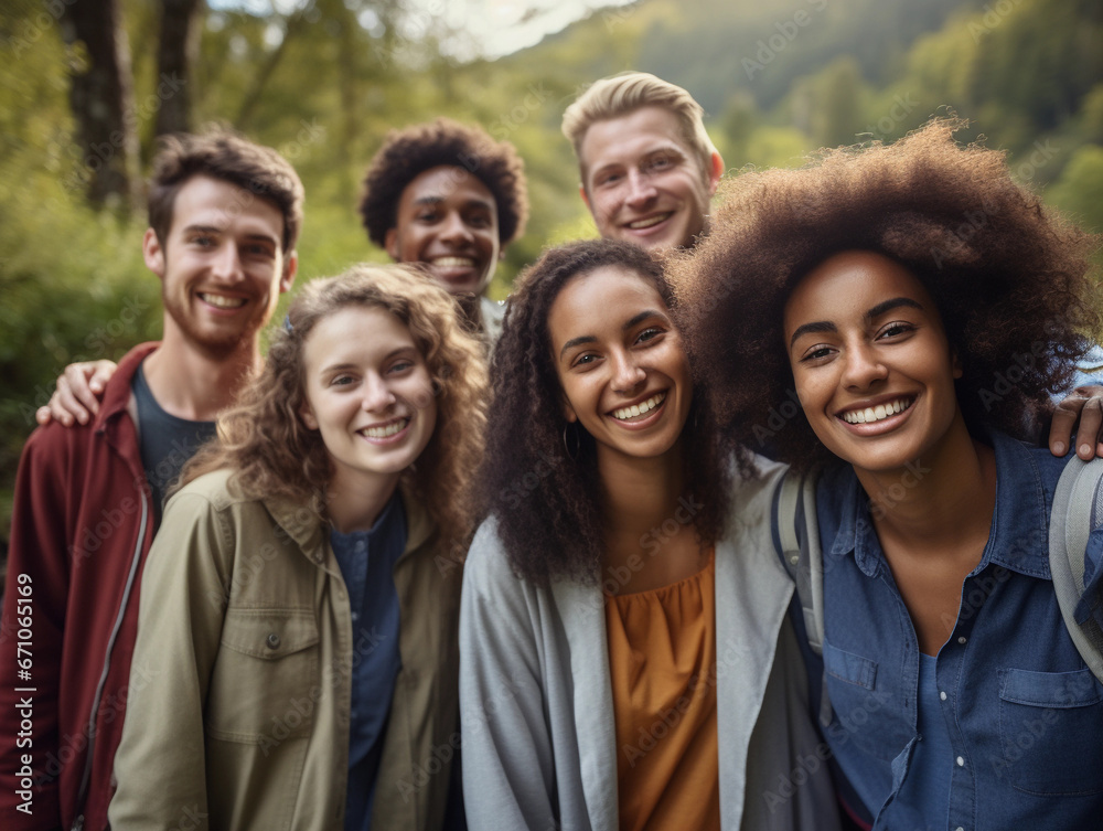 group of friends hiking in nature, happy group of friends hiking in nature, happy