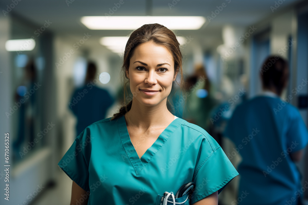 Smiling women surgeon in uniform at work in a hospital. Health profession. Hospital. Clinical. Work. AI. Smiling women surgeon in uniform at work in a hospital. Health profession. Hospital. Clinical. Work. AI.