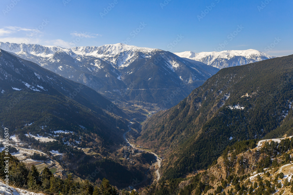 Winter snow landscape mountain view in Andorra, Europe