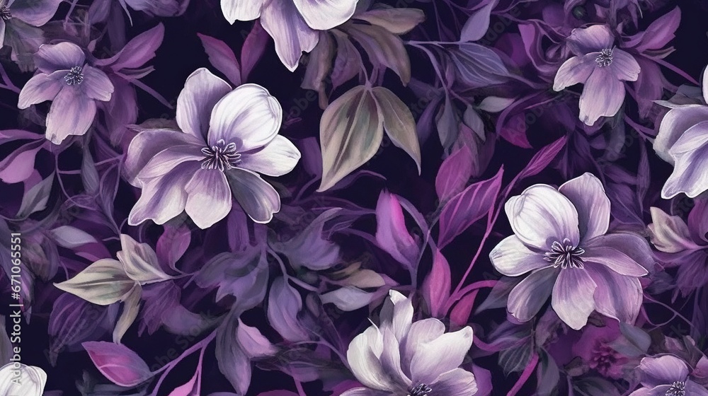  a painting of purple and white flowers on a black background.  generative ai