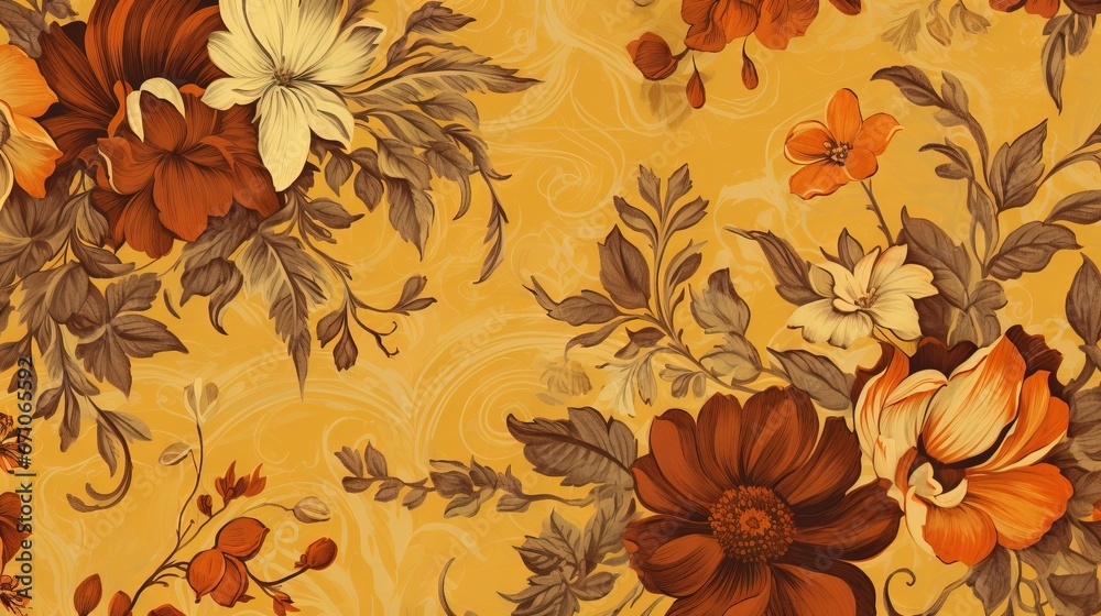 a yellow floral wallpaper with orange and white flowers on it. generative ai a yellow floral wallpaper with orange and white flowers on it. generative ai