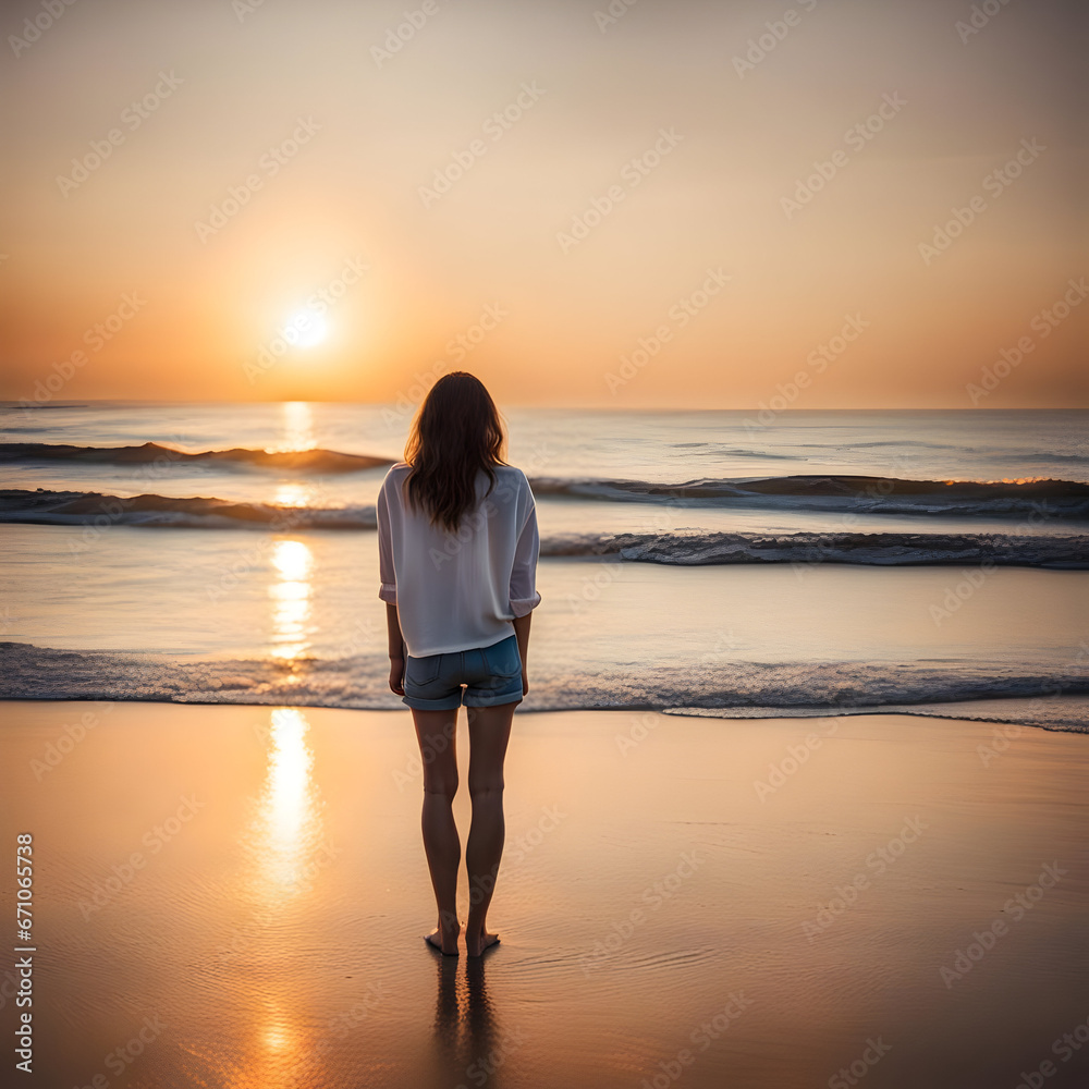 Fototapeta premium woman on the beach at sunset
