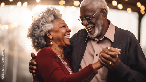 Elderly couple dancing joyfully, African American, blurred background, with copy space