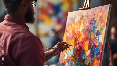 Artist painting a canvas with vibrant colors, African American, blurred background, with copy space