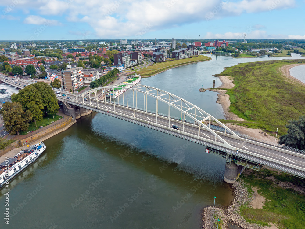 Aerial from the Wilhelmina bridge at the river IJssel near Deventer in the Netherlands