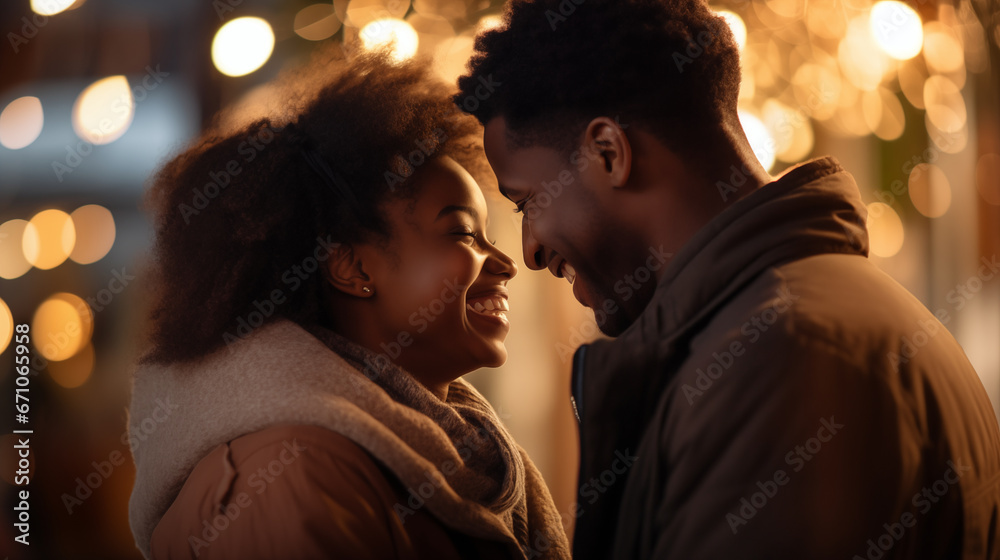 Young couple on a romantic date, African American, blurred background, with copy space