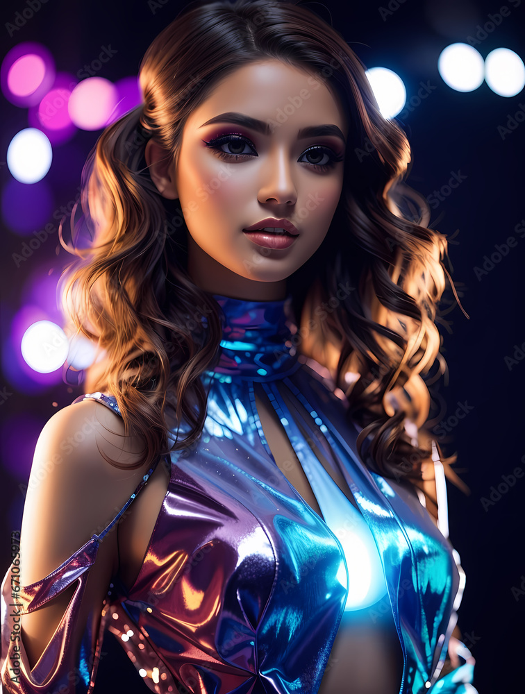 Sexy glamor woman in green sequins evening dress in night club or bar against red wall with neon letters. Fashion style portrait Sexy glamor woman in green sequins evening dress in night club or bar against red wall with neon letters. Fashion style portrait