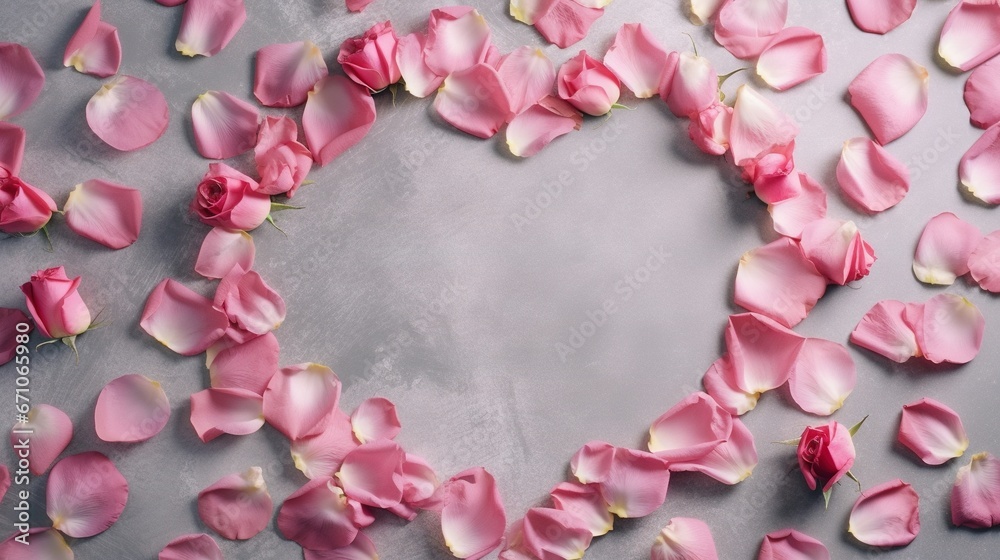 a heart shaped arrangement of pink petals on a gray background. generative ai a heart shaped arrangement of pink petals on a gray background. generative ai