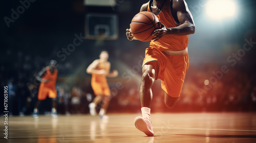 Basketball player in action on the court, African American, blurred background, with copy space