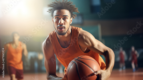 Basketball player in action on the court, African American, blurred background, with copy space