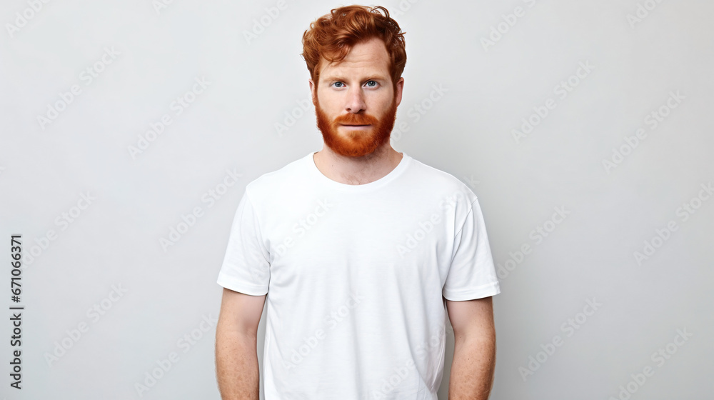 Horizontal shot of prosperous male enterpreneur with appealing look, thick ginger beard, has serious look at camera, listens attentively investors, wears casual t shirt, isolated on white wall - obrazy, fototapety, plakaty 