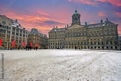 Photography Snowy damsquare with the Royal Palace in Amsterdam