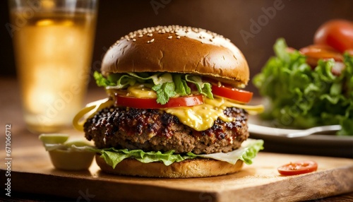 burger, hamburger, gourmet, meat, meal, beef, food, fast, cheeseburger, cheese, cheddar, tomato, lettuce, onion, bread, sauce, mayonnaise, bacon, grilled, plate, dinner, lunch, salt, salad, beautiful