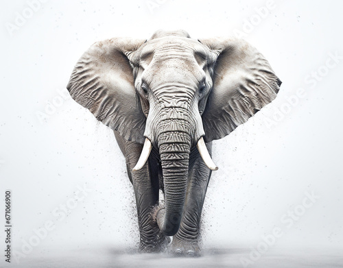 Photo of a wild elephant  big ears  beautiful ivory  walking on a white background. For art texture  presentation design or web design and web background. Generative ai