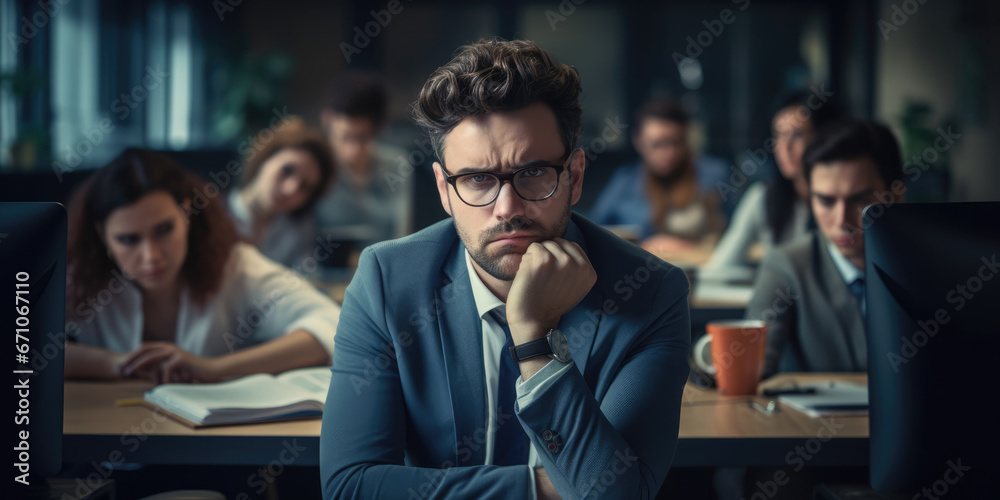 Male office worker, looking sad after bullying at work Male office worker, looking sad after bullying at work