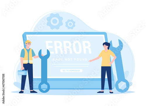 Repair services with technical and laptop support technicians concept flat illustration