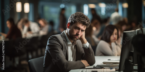 Male office worker, looking sad after bullying at work  photo
