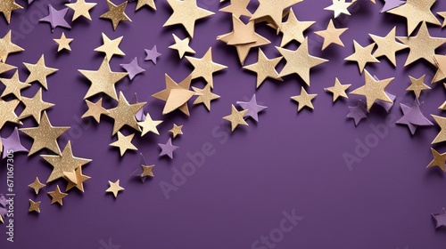  a bunch of gold stars on a purple background with space for text.  generative ai
