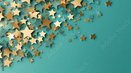  a bunch of gold stars on a blue background with space for text. generative ai