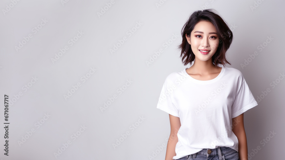 Asian woman wearing white t-shirt isolated on gray background Asian woman wearing white t-shirt isolated on gray background