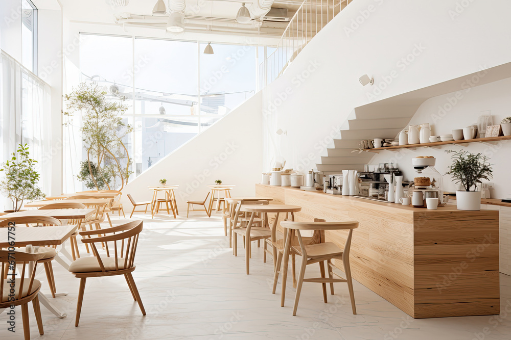 Minimal interior design of cafe or coffee cafe bar shop in clean minimalist style, decorated with warm tone, relaxing tones with glossy ivory white round corner counter and coffee machinery. - obrazy, fototapety, plakaty 