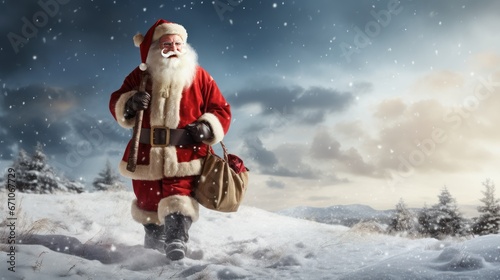 Santa likes to carry a sack with a vignette on a snowy background.
