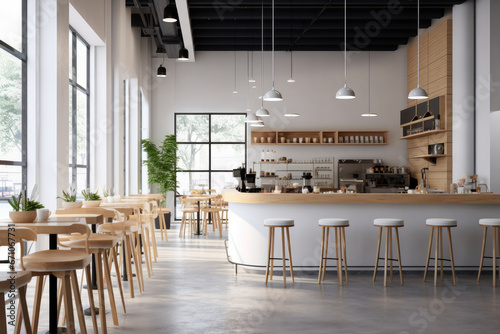 Minimal interior design of cafe or coffee cafe bar shop in clean minimalist style, decorated with warm tone, relaxing tones with glossy ivory white round corner counter and coffee machinery.