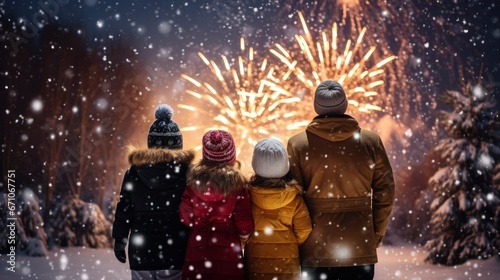 New Year holiday. Parents and daughters children girls are watching fireworks.