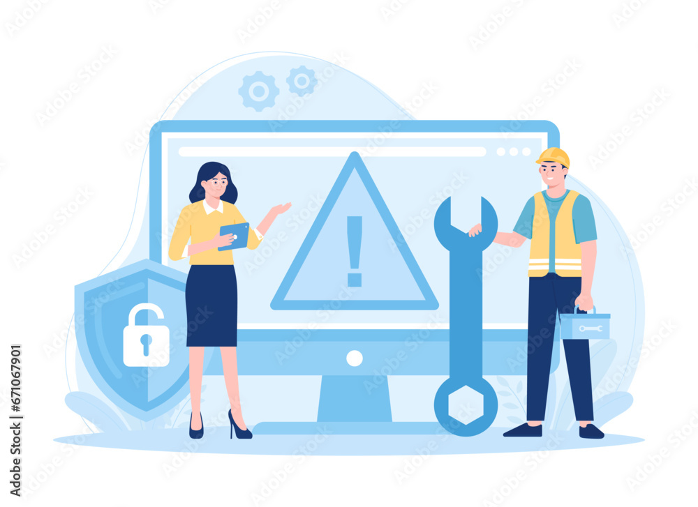 Computer technician repairing computer screen with gear and wrench concept flat illustration Computer technician repairing computer screen with gear and wrench concept flat illustration