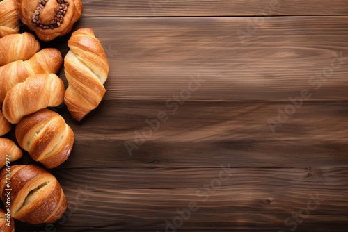 Freshly baked croissant bread banner on vintage brown wooden background.