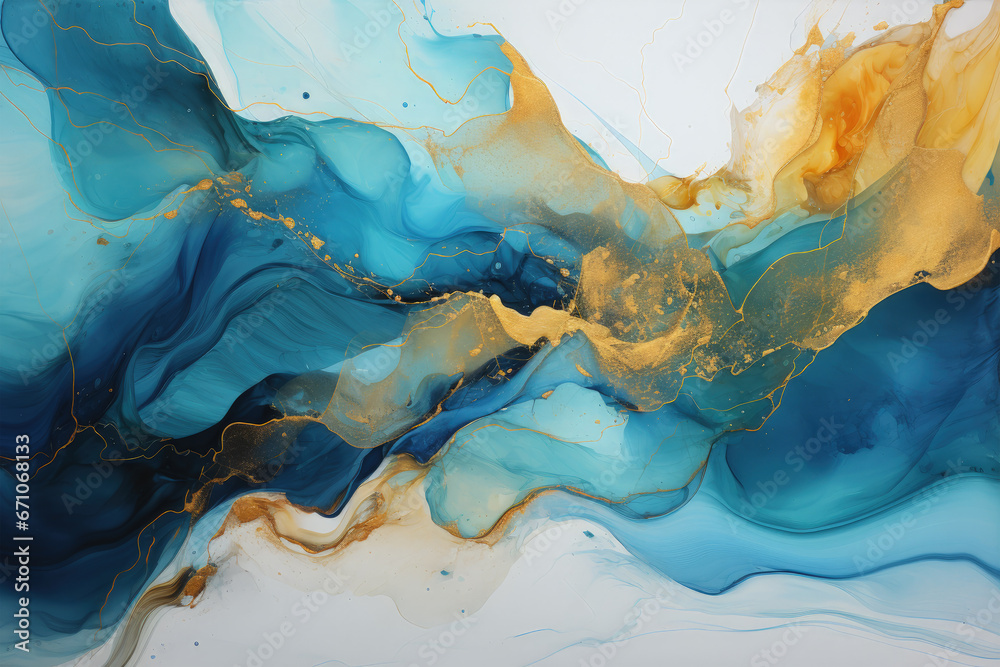 Abstract fall blue, teal, yellow, brown, golden earth tones backdrop, Generative Ai