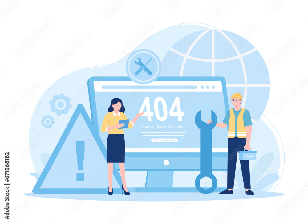 Computer technician repairing computer screen with gear and wrench concept flat illustration Computer technician repairing computer screen with gear and wrench concept flat illustration