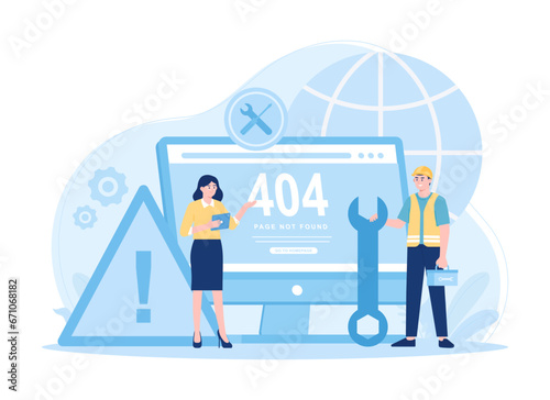 Computer technician repairing computer screen with gear and wrench concept flat illustration