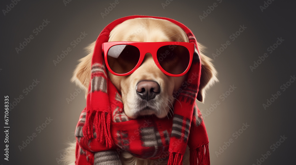 Golden retriever dog wearing a scarf and glasses winter fashion cover photo