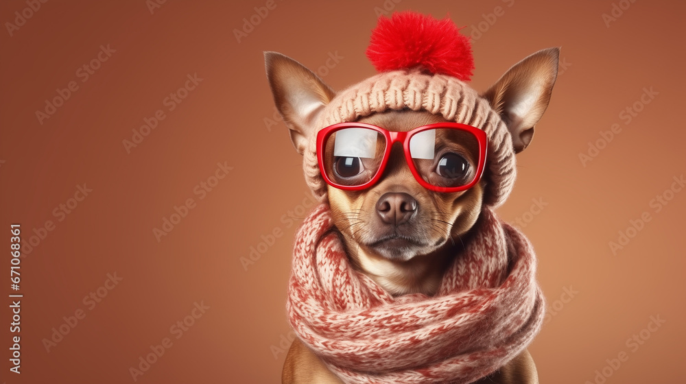 Chihuahua dog wearing a scarf and glasses winter fashion cover photo