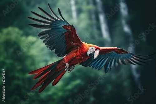 Red macaw parrot with blue wings, flight in forest with blurred background. Created with generative AI © Rehana