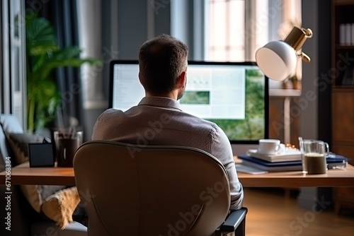 Back shot of a man sitting in a chair. He is looking at a computer screen to work and watch stocks. In the home office