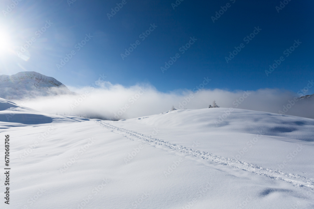 Snowy alpine landscape. Italian alps winter panorama