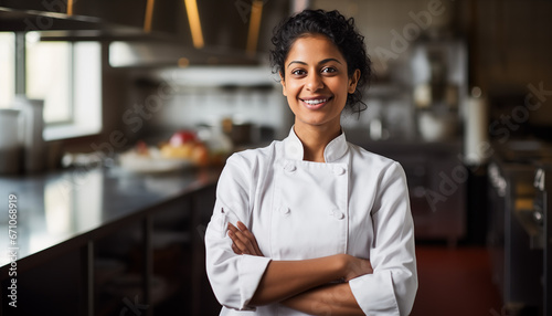Smiling Indian female chef with hands crossed in the kitchen