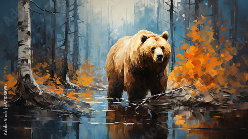 Painting of Bear in Cyan and Orange Forest, Infusing Nature's Beauty and Artistic Intrigue.