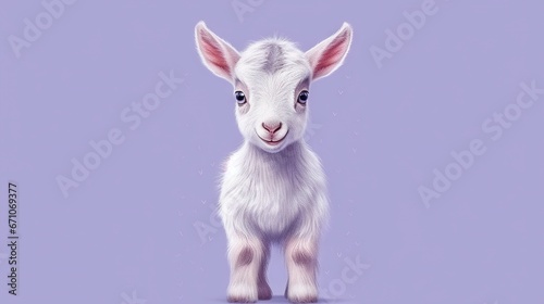  a small white goat standing on a purple surface with a purple background.  generative ai photo