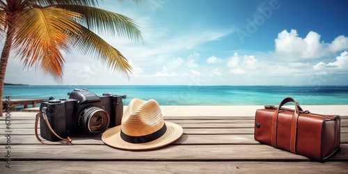 Tropical sea, beach and palm three in background. Vintage suitcase, hipster hat, photo camera and passport on wooden deck. Summer holiday traveling design concept.