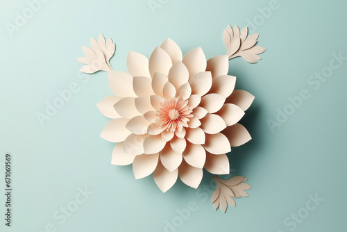 Paper cut flowers and leaves, Fresh spring nature background. Floral banner, poster, flyer template with copy space. #671069569